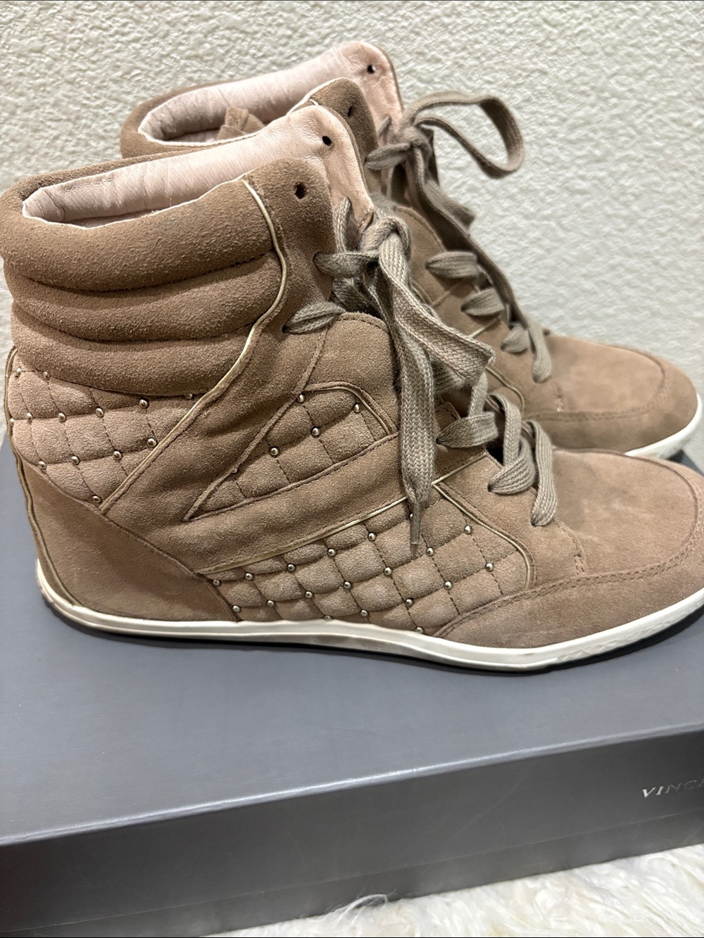 Vince Camuto Taupe Suede High-Top Sneakers